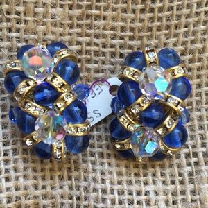 Blue, gold and crystal rhinestone clip on earrings